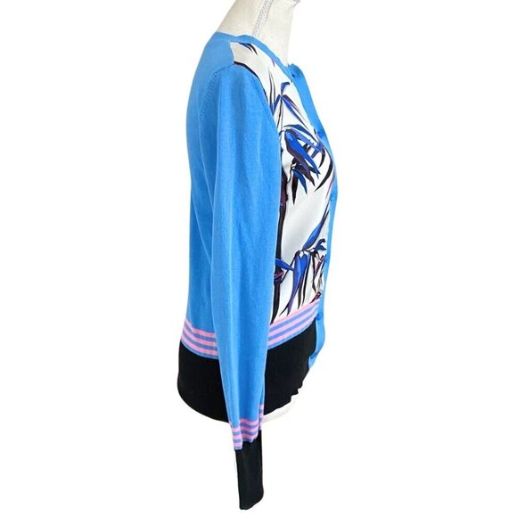 EMILIO PUCCI BLUE KNIT WHITE SATIN LEAF PRINT COMBO CARDIGAN - XS - Picture 2 of 8